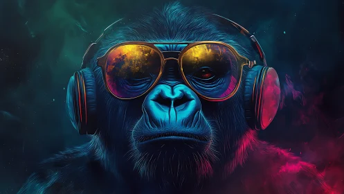 Neon gorilla portrait with reflective headphones and glasses.