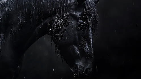 Wet black horse in rain with dramatic low key lighting.