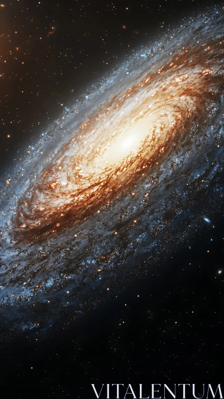 Spiral galaxy glows in deep space with radiant golden core