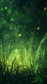 Firefly meadow illuminated with glowing green bokeh light.