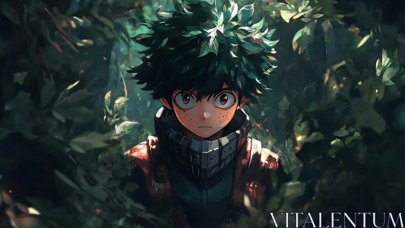 Leaf-lit hero freezes in a hush between courage and fear