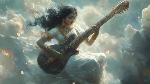 Divine woman in clouds playing ornate celestial guitar.