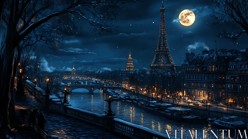 Moonlit Paris riverside with Eiffel Tower and city lights.