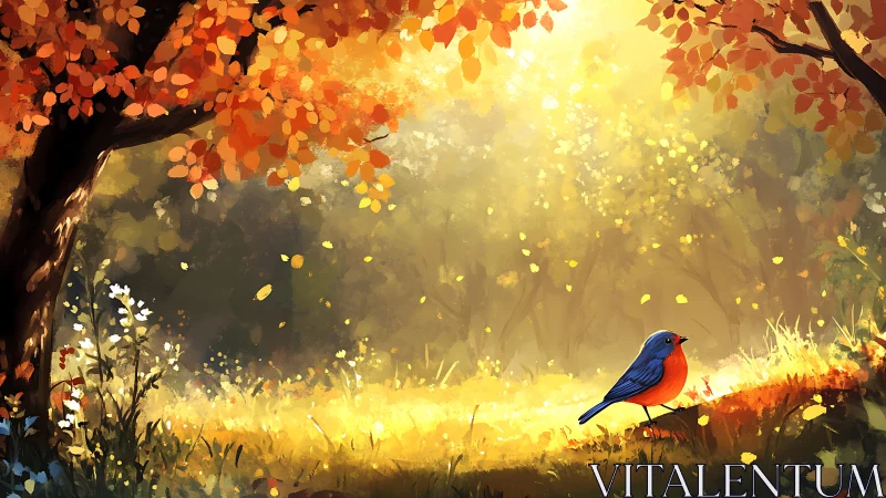 Gentle autumn forest glow with a bright blue and orange bird.