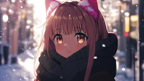 Warm eyed girl in winter street glows against falling snow