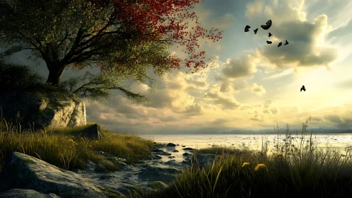 Sunlit lakeshore landscape renders atmospheric depth and motion