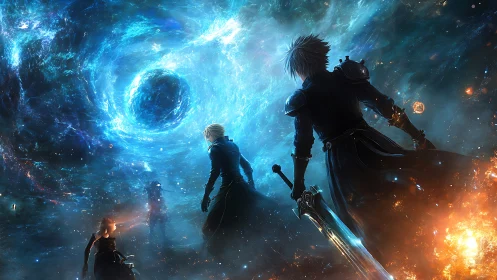 Sword-bearing drifters confront a roaring cosmic vortex of fate