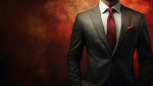 Textured charcoal suit with red accents against graded warm backdrop