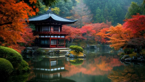 Gentle autumn garden pavilion rests by a calm reflective lake