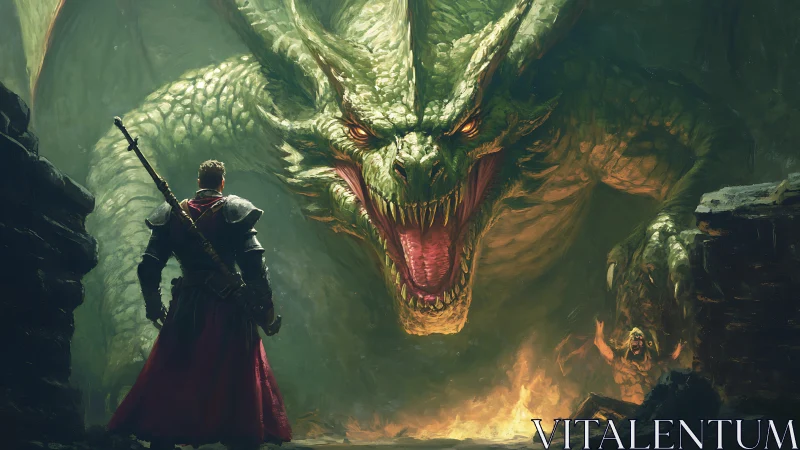 Armored warrior confronts massive green dragon in cavern