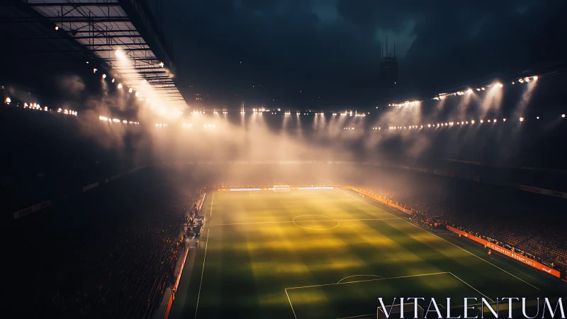 Floodlit football stadium field illuminated under heavy fog