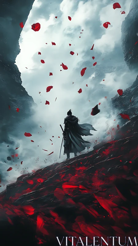Lone cloaked warrior on crimson ridge beneath storm clouds.