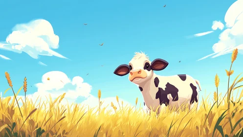 Young Holstein calf in stylized wheat field under vivid sky