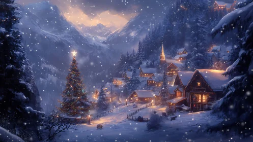 Snowy alpine village glows under towering decorated Christmas tree