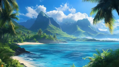 Tropical coastal landscape with steep volcanic peaks above turquoise ocean