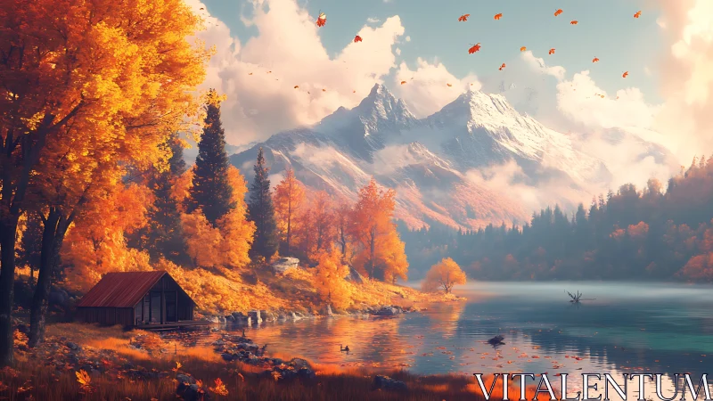 Autumn lakeside cabin beneath sunlit snowcapped peaks.