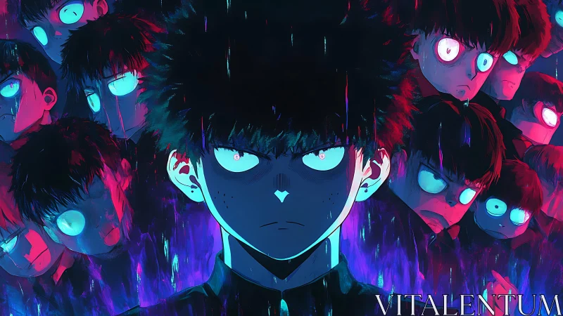 Psychic teen engulfed by neon psychic clones, intense gaze.