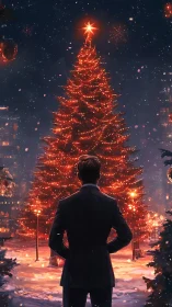 Man in suit observing illuminated outdoor Christmas tree.