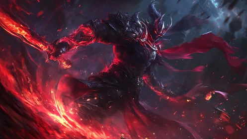 Armored dark figure wielding flaming sword in motion.