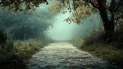 Misty Forest Path: Atmospheric Composition with Tonal Depth.