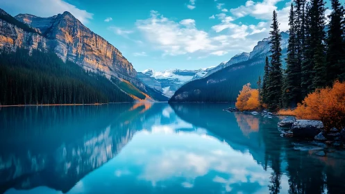Mirrorblue glacier lake cradled by blazing autumn evergreens.