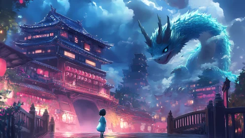 Child confronts luminous dragon above neon-lit pagoda city