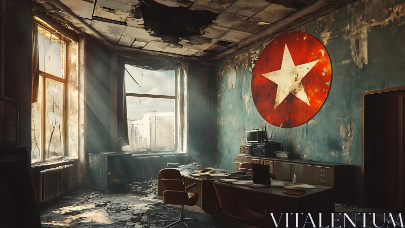 Derelict office interior with star emblem on damaged wall.