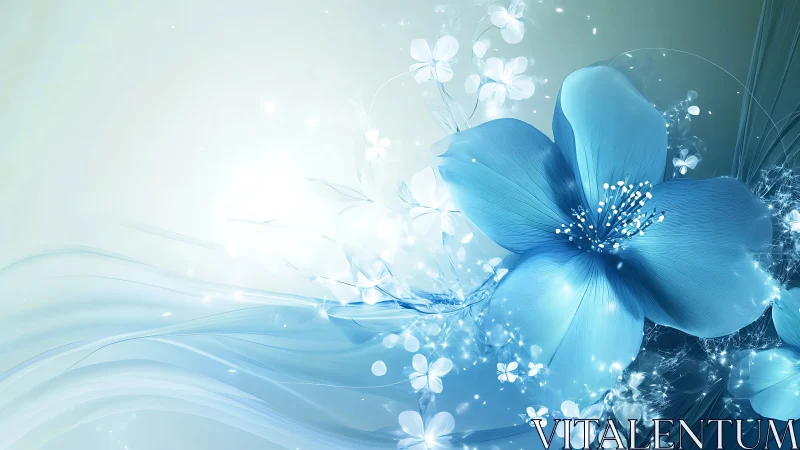 Digital rendering of luminescent blue flower with layered particle effects and flowing wave composit
