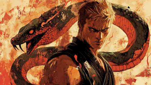 Male fighter and coiled serpent on textured orange ground.