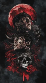 Dual portraits, red lunar backdrop and skull form a gothic totem