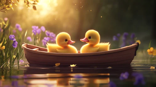 Sunlit duckling duo trade secrets in a dreamy flower boat