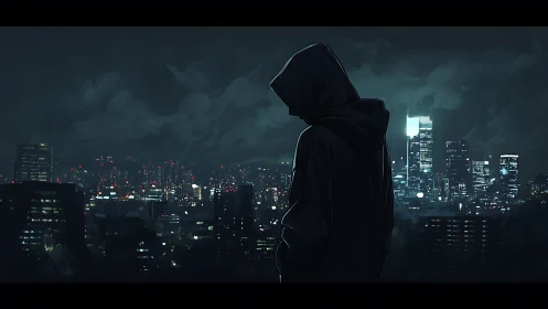 Hooded figure stands over dark city skyline at night.
