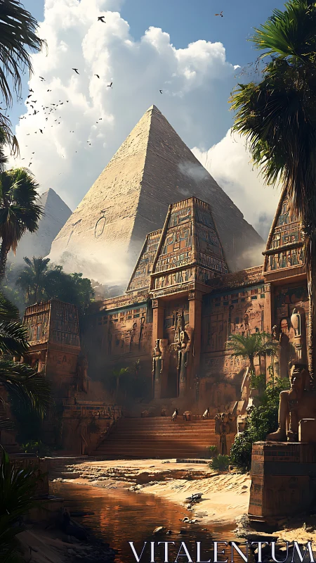 Ancient sandstone pyramid temple complex under bright daylight