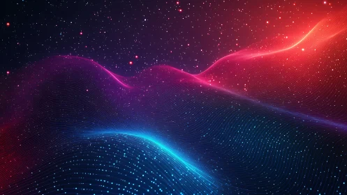 Neon data waves flow under starry gradient sky in motion
