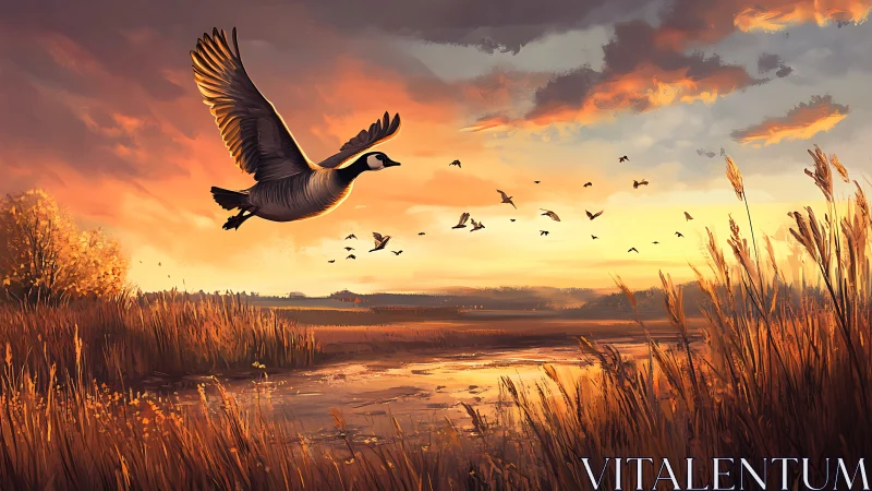 Sunset goose over golden marsh wetland horizon.