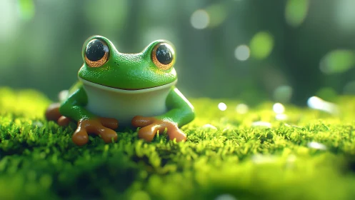 Macro 3D tree frog on moss with cinematic depth of field