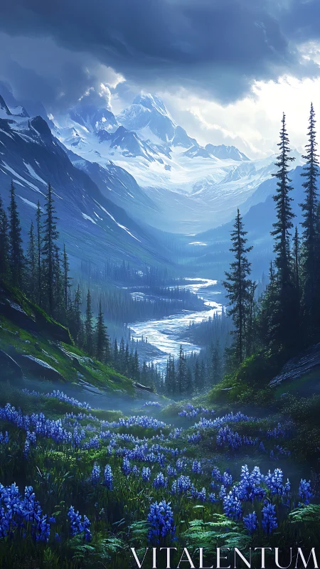 Sunlit alpine valley with blue wildflowers and winding river.
