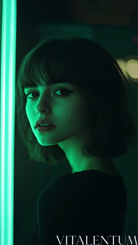 Cinematic neon portrait isolates a pensive woman in teal light