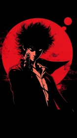 High contrast anime gunslinger silhouette before red moon