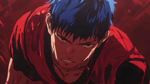 Dynamic anime close-up of intense blue-haired fighter in red.