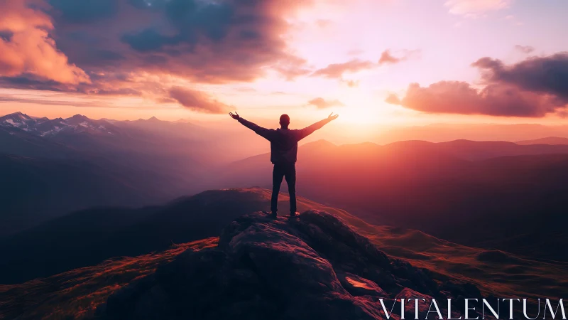 Solitary figure stands on rocky summit facing diffuse sunset
