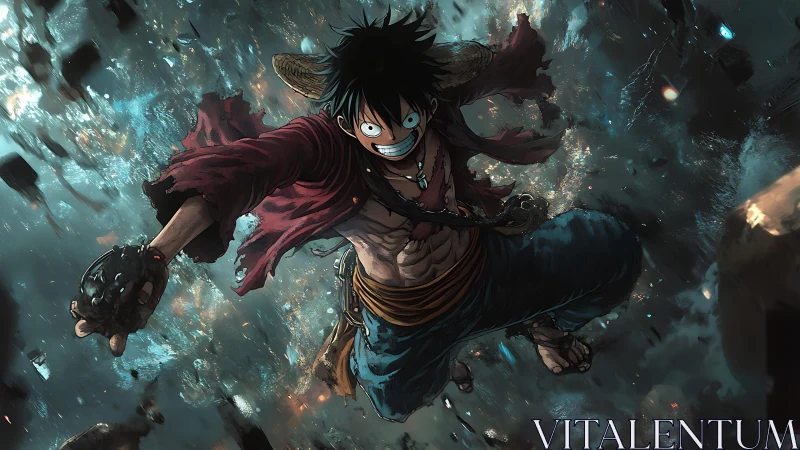 Battle-hardened anime fighter charges through swirling debris