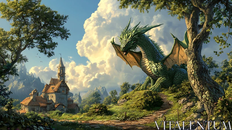 Green dragon looming over cottage in bright fantasy valley.