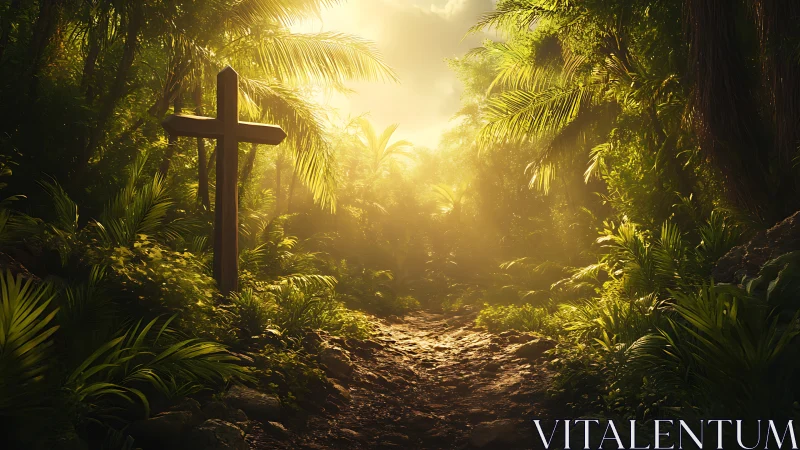 Wooden cross stands beside rocky jungle path at sunrise