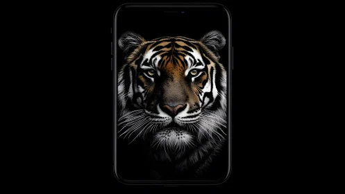 Majestic Tiger Portrait on Smartphone Screen, Hyper-Realistic Style.