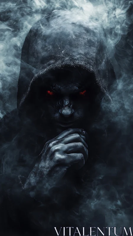 Dark hooded figure with glowing red eyes in dense smoke.