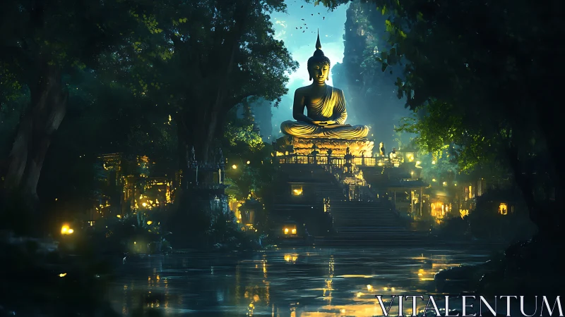 Luminous forest temple with monumental Buddha at twilight.