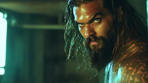 Intense warrior stare under dramatic teal studio lighting.