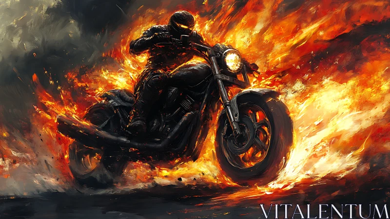 Motorcyclist in roaring flames on dark urban roadway.