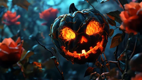 Glowing jack o lantern smiles among dreamy midnight roses.